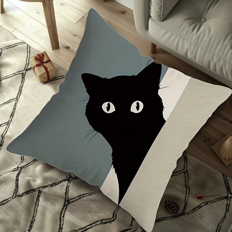 Contemporary Black Cat Design Double-Sided Throw Pillow Cover, 44.96x44.96cm, Abstract Modern Farmhouse Decorative Cushion Case with Zipper Closure for Couch, Patio, Living Room. Machine Washable - Made of 100% Polyester, Insert Not Included.