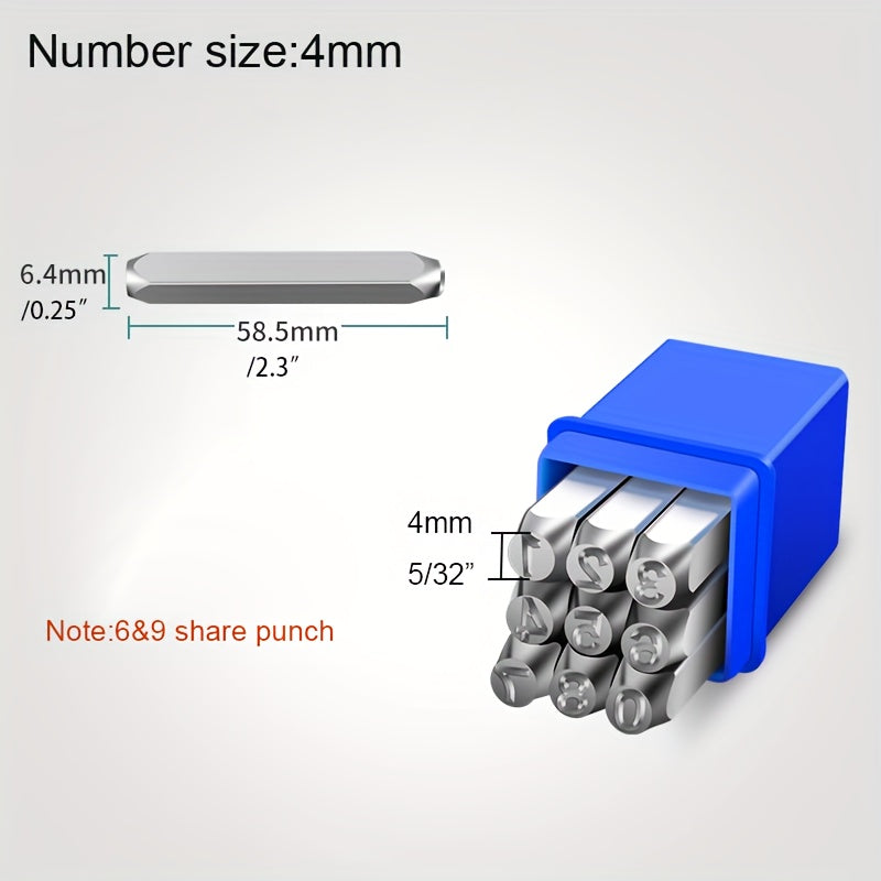 Alloy steel stamp set for imprinting on various materials such as metal, plastic, wood, and leather. Great for crafting and arts.