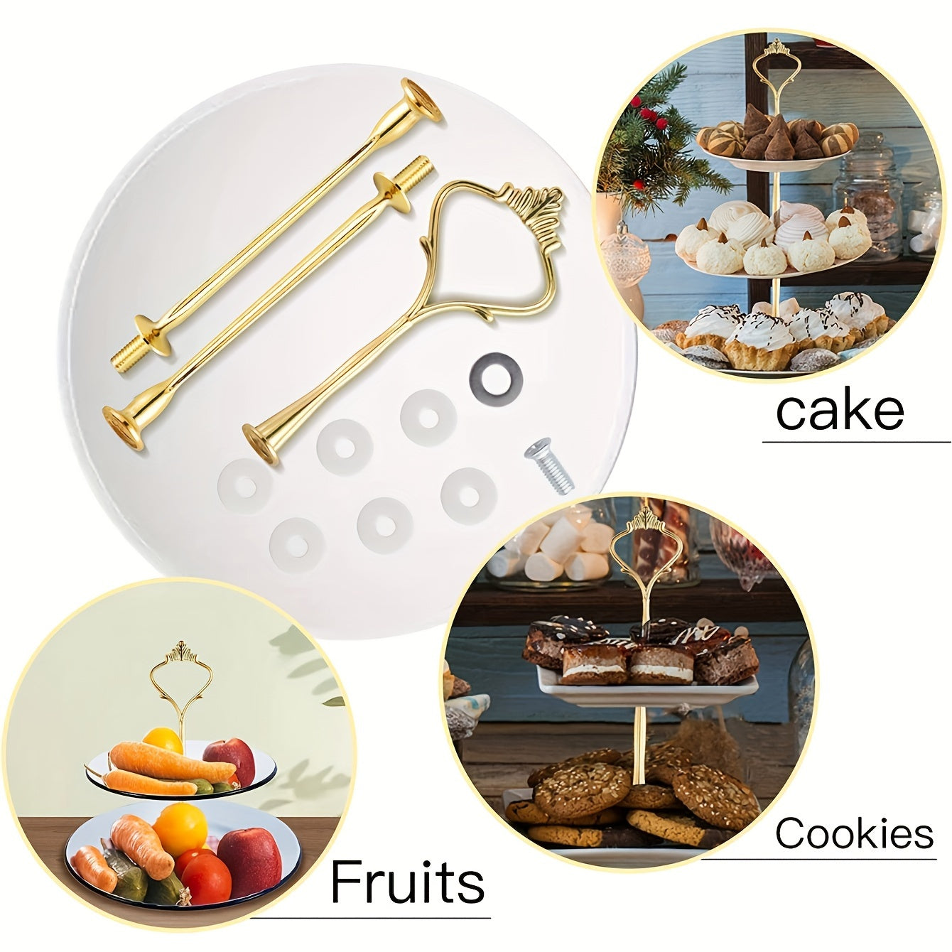 Cake stand hardware accessories including a 3-tier cake stand mold, crown resin crafts, perfect for weddings and parties. Ideal for serving cupcakes and desserts. Available in golden and silvery.