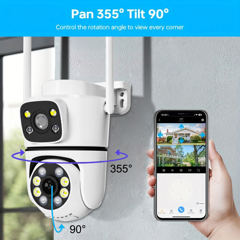 OIMLYO 4MP Dual Lens Wireless Security Camera features AI Smart Alert, 2.4G WiFi, Two-Way Audio, Full Color Night Vision, USB Powered, TF Card & Cloud Storage Support, Smartphone Compatibility, 1080p Resolution, ABS Material, and No Battery Needed.