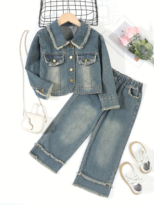 Autumn Retro Denim Two-piece Set for Girls