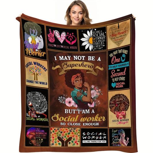 Fleece throw blanket featuring a vintage social worker design - Made with soft knitted polyester, perfect for all seasons. A digital printed blanket that makes a great gift to show appreciation for social work.