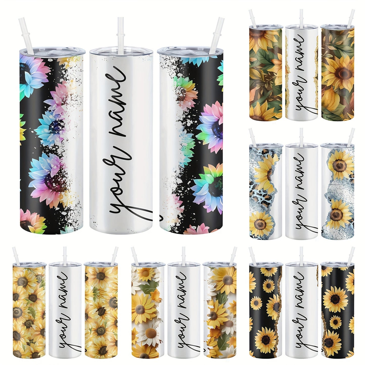 Customized sunflower stainless steel water bottle, 20oz with lid and straw, BPA-free, shatterproof, machine washable, perfect for outdoor travel and Valentine's Day gift.