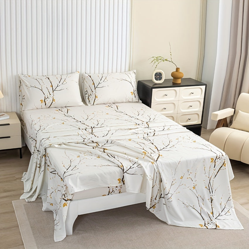 Floral Branch Fitted Sheet Set with 4 pieces, made of soft microfiber with deep pocket fitted sheet and included pillowcases. No core.