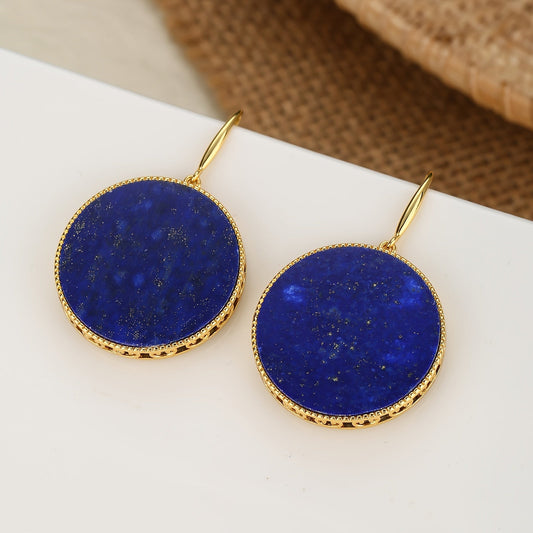 Vintage Round Dangle Earrings with Bohemian Style, Featuring Large Natural Lapis Lazuli Stones. Perfect Ethnic Fashion Jewelry for Women to Wear at Parties, Evenings, Birthdays, and Anniversaries.