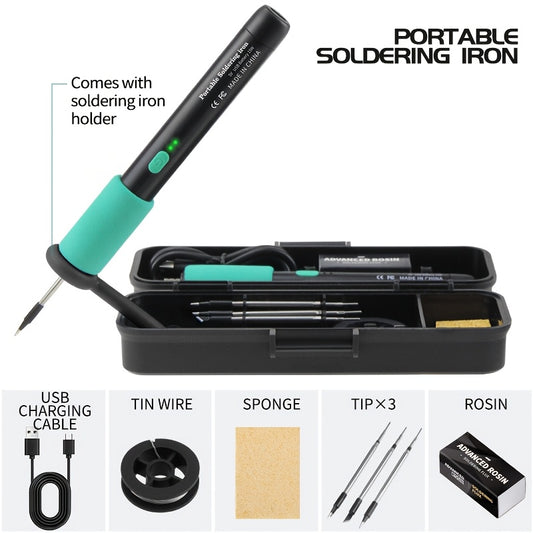 Adjustable temperature mini soldering iron kit with USB rechargeable battery. Includes 3 soldering tips, stand, sponge, and storage case. Ideal for various projects such as home appliance