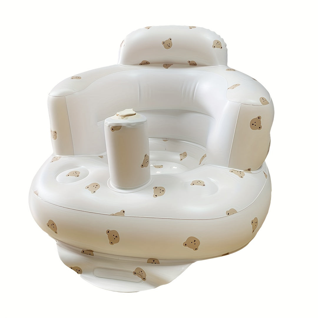 SUNGDOGIN Inflatable Baby Chair with Back Support, PVC Toddler Floor Seat for Sitting Up, Built-in Air Pump, White Bear Design - Suitable for Kids 3 Months and Up