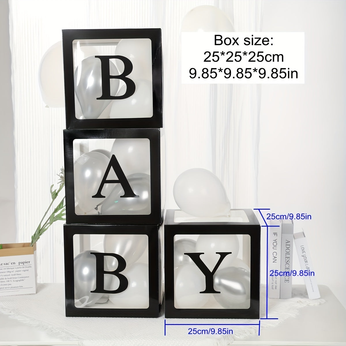 4-piece set of 9.85-inch baby gift box with BABY letters, including a white transparent square box and a transparent balloon box for birthday party decoration and gender reveal gifts (balloons not included).