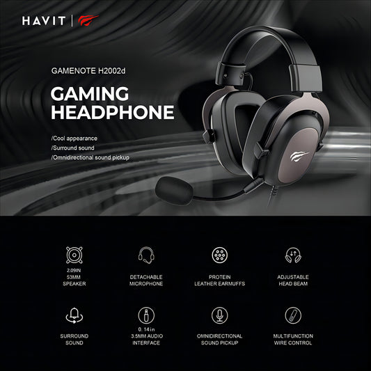 HAVIT Gaming Headset with protein leather earmuffs, detachable microphone, adjustable head beam, surround sound, omnidirectional sound pickup, multifunction wire control for a better gaming