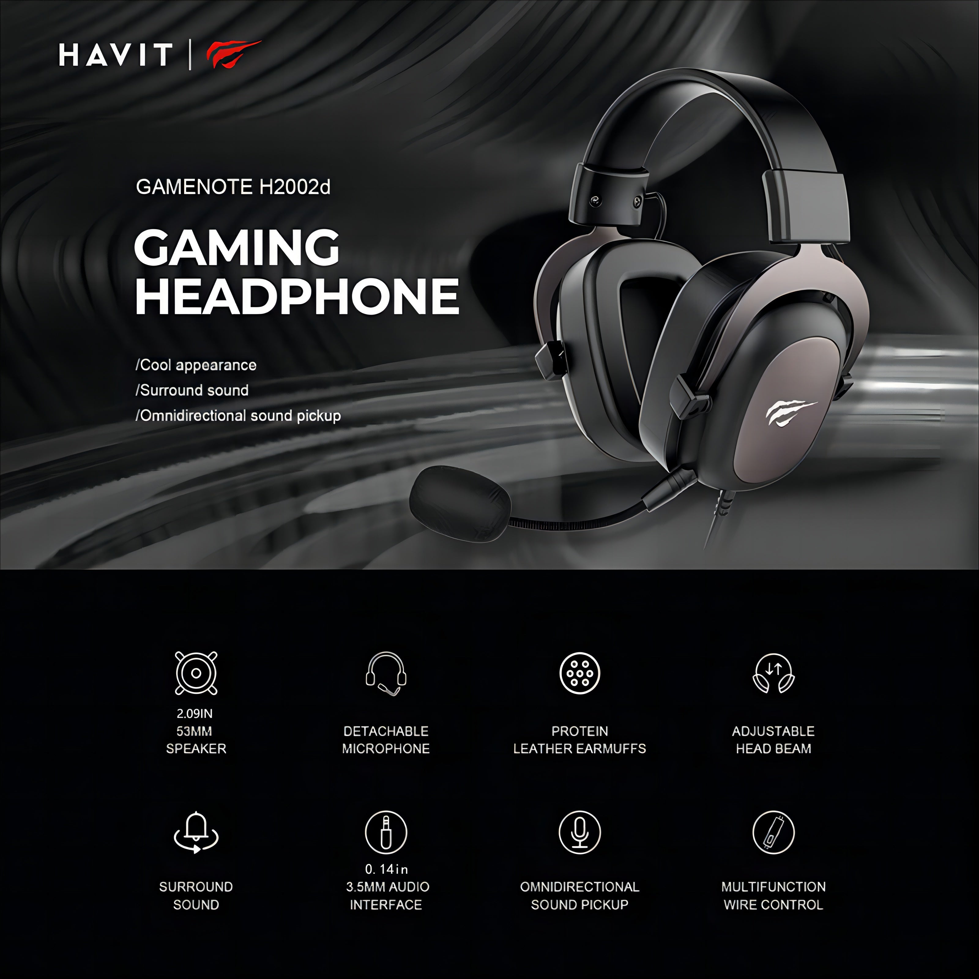 HAVIT Gaming Headset with protein leather earmuffs, detachable microphone, adjustable head beam, surround sound, omnidirectional sound pickup, multifunction wire control for a better gaming