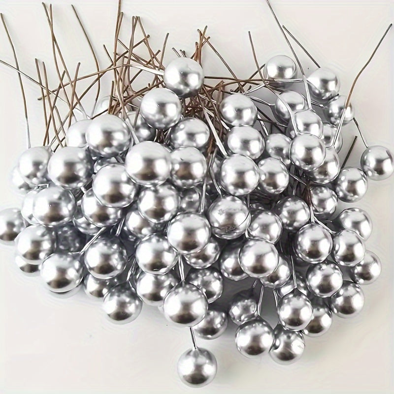 100 pieces of simulated golden and silver fruit ornaments for holiday and cake decorations.