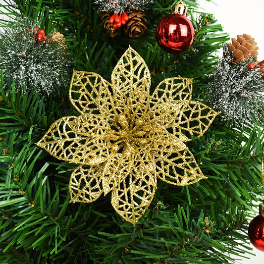 A set of 12 artificial golden powder Christmas flowers with clips, each 15cm in various colors, used as decorations for Christmas trees, wreaths, home decor, and festive parties.