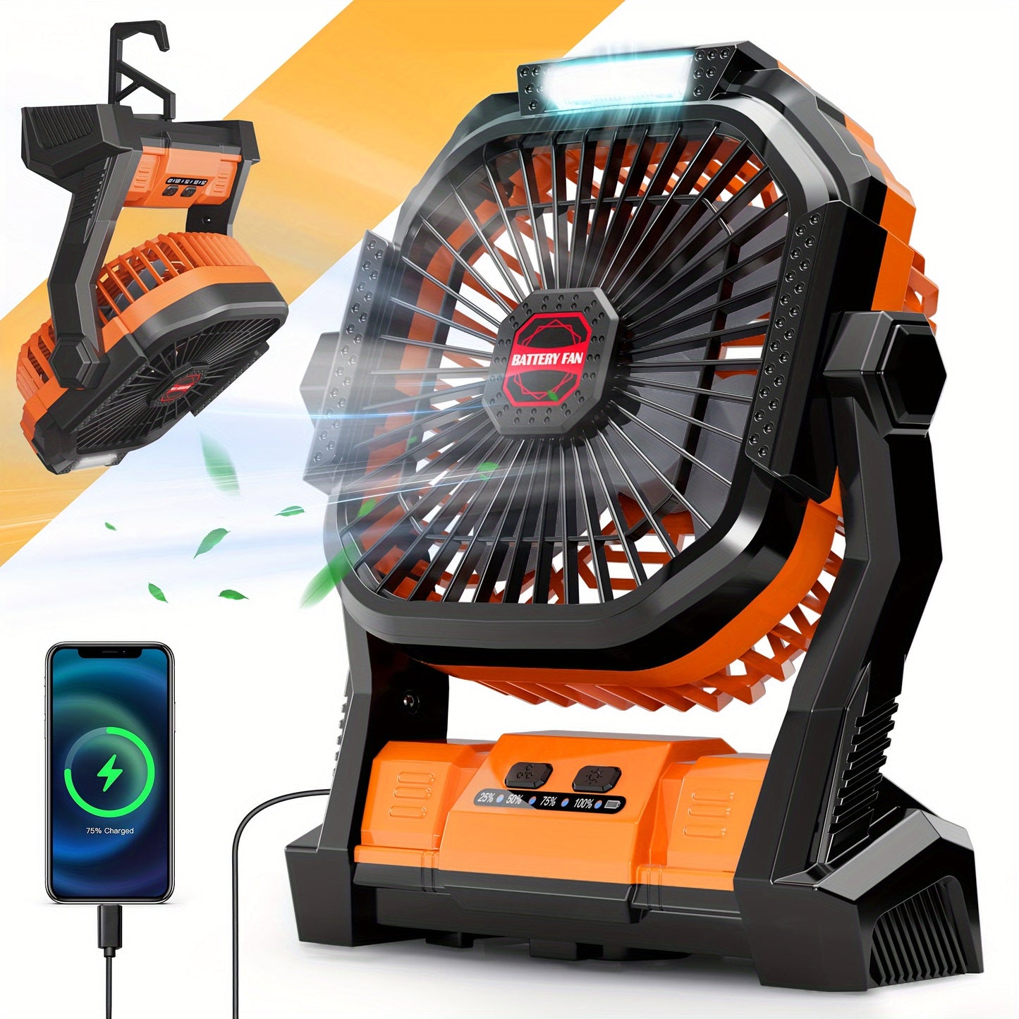 Portable personal fan with LED light and hook, high-speed table fan with 4 speeds, made of unfinished plastic with light kit, button control for indoor and outdoor use, USB rechargeable with built-in lithium battery.