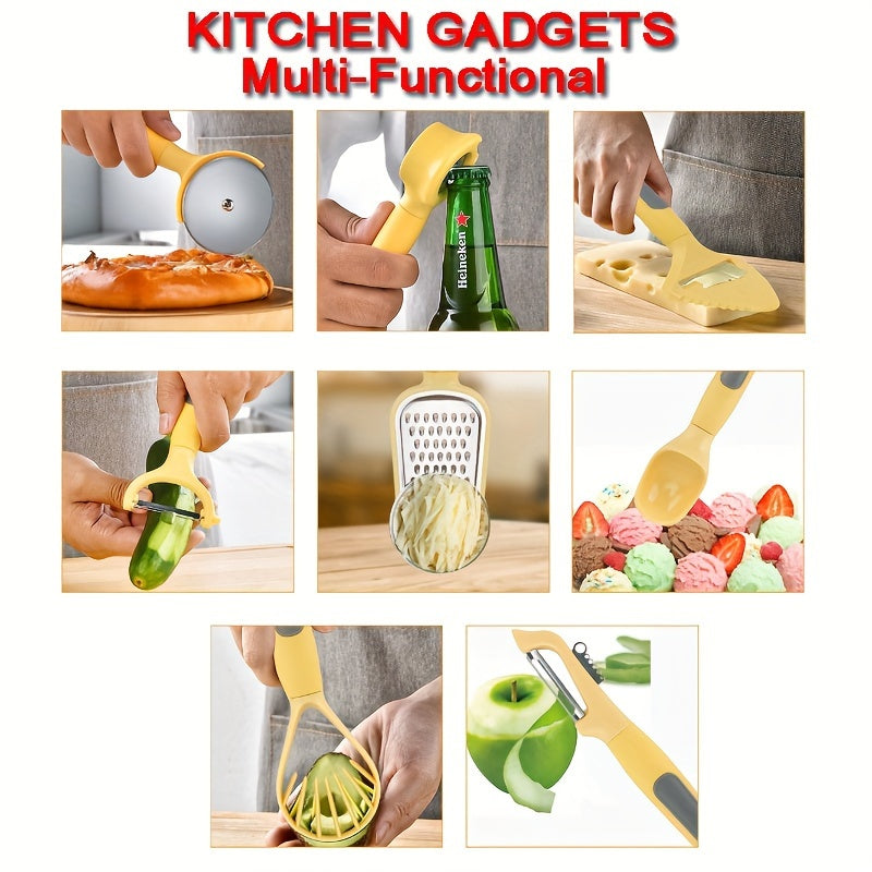 Elegant Kitchen Utensil Set with Holder - 8 Pieces Including Peeler, Pizza Cutter, Grater, Ice & Cheese Spatula, Fruit Scoop, and Citrus Juicer - Made with Durable ABS, Easy to Clean, Ideal for Home Cooking, Weddings, and Gifts