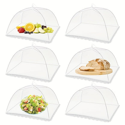 Lace mesh food cover that pops up like an umbrella to protect food from dust, reusable and collapsible design for table, kitchen utensil.