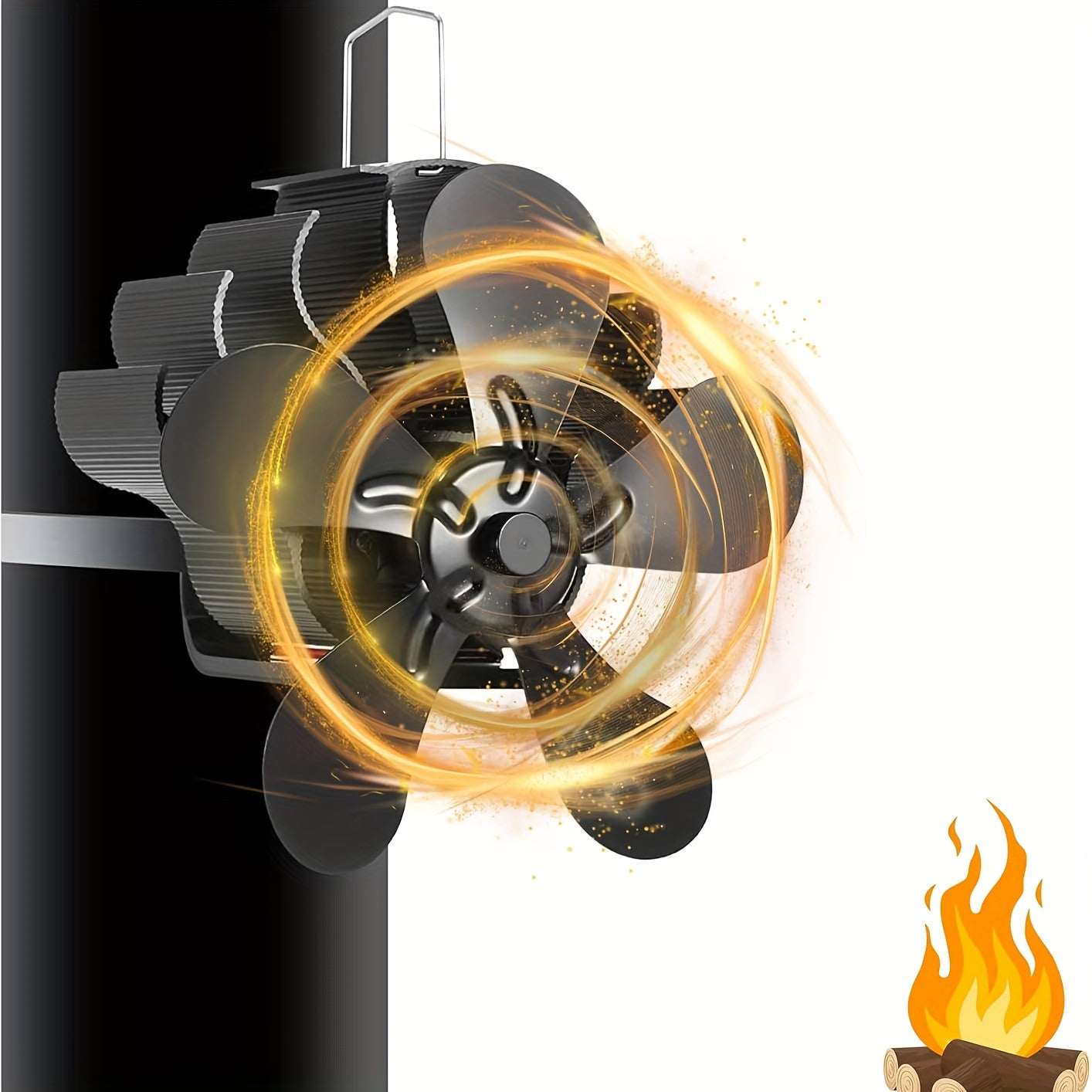 Aluminum Heat Powered Stove Fan suitable for Wood, Gas, and Pellet Log Burners, offering Silent Operation. Features a Polished Finish, High Velocity Air Circulation, and does not require electricity. Ideal fireplace accessory with multiple components.