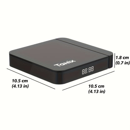 Tanix W2 Smart TV Box with Amlogic S905W2 and Android 11.0, available in different memory configurations for 4K video playback with Bluetooth and dual-band WiFi.