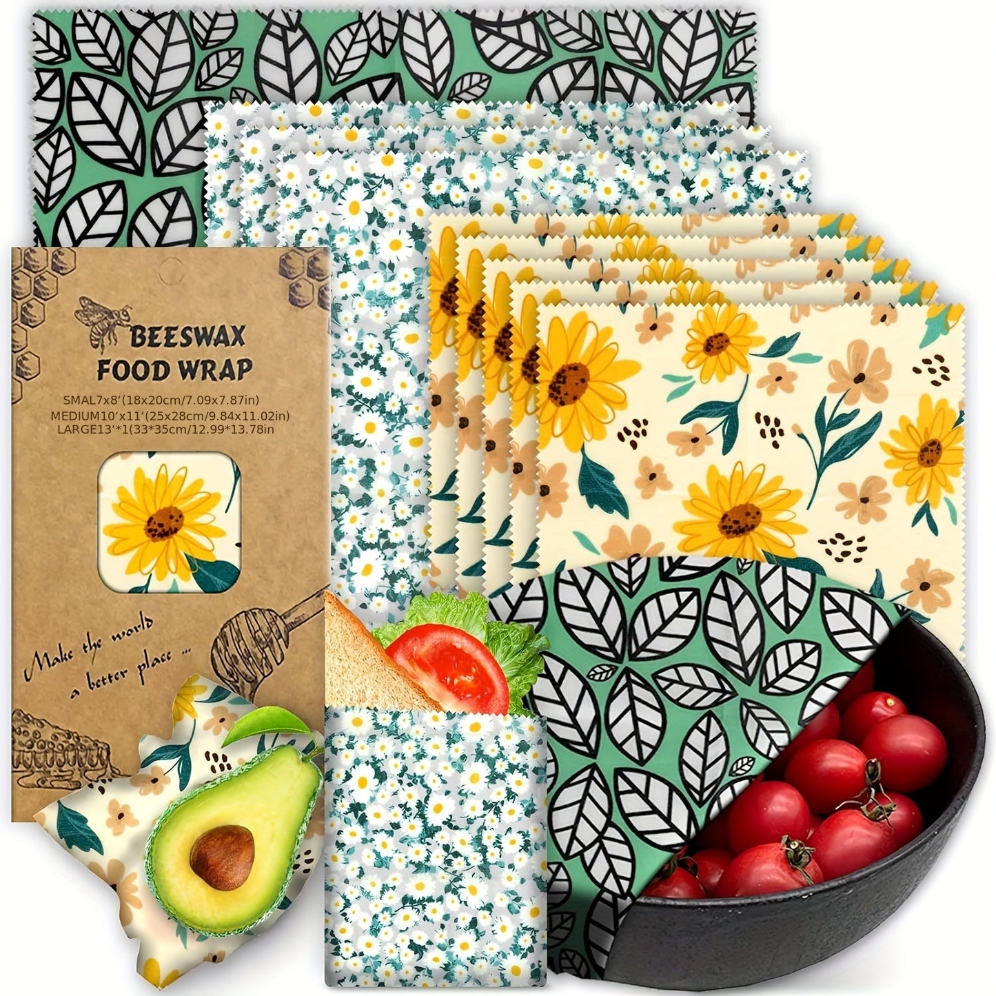 Set of 9 High-Quality Beeswax Food Wraps - Eco-Friendly, Organic Reusable Covers in Small, Medium, and Large Sizes for Kitchen and Home Decor