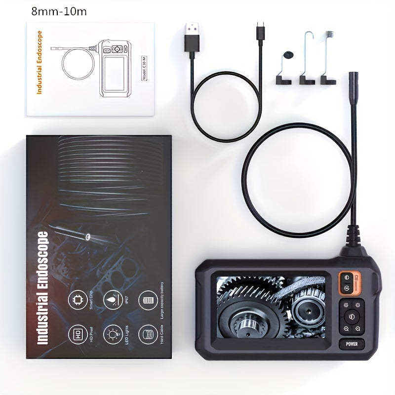 INSKAM Industrial Endoscope: 8mm digital borescope with 4.3" IPS display, 8 LED lights, and semi-rigid cable for auto repair, plumbing, and home inspection.