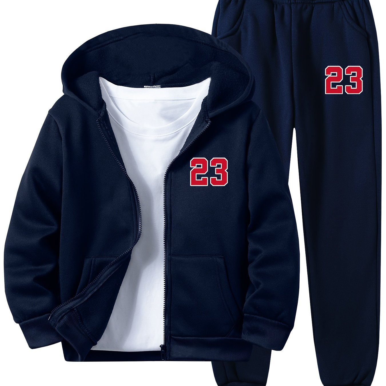 Kids' 23-Numbered Hoodie and Pants Set - Casual Zip-Up Sweatshirt and Joggers Combo in Knit Polyester, Perfect for Daily Outdoor Activities