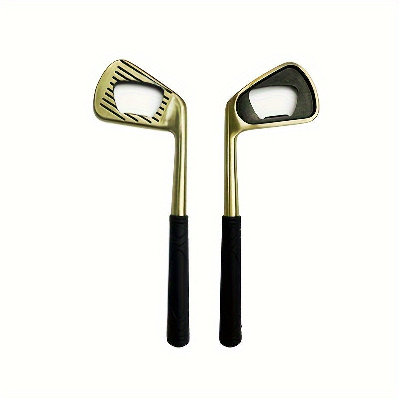 A golf club-shaped bottle opener made of zinc alloy with a golden finish.