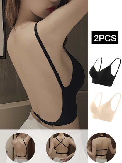 Solid Seamless Backless Bra - Wireless Push Up, Comfy & Breathable