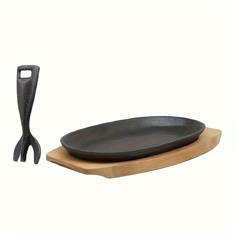 Oval Non-Stick Cast Iron Skillet Set with Wooden Base and Iron Fork for Steak, Griddle Cooking - Uncoated and Thickened for Home Use