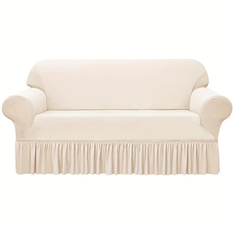 Elastic waterproof sofa slipcover with skirt for all seasons, ideal furniture protection for home and office.