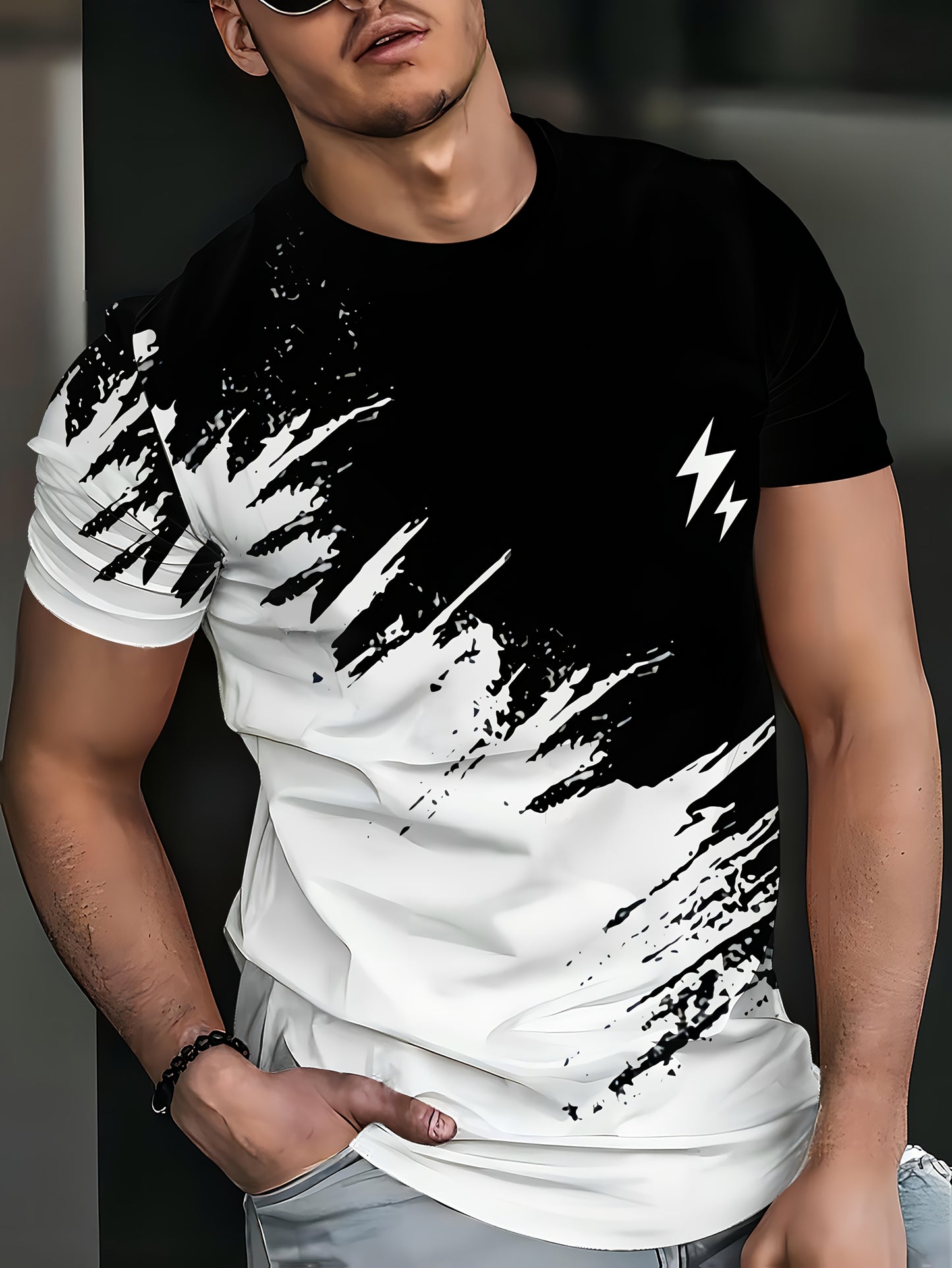 Men's casual short sleeve t-shirt with 3D lightning print, dual-tone design, round neck. Made of polyester blend, machine washable. Great for summer outdoor activities and casual wear.