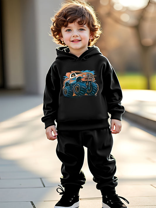 Boys' Cozy Fleece-Lined Hoodie & Jogger Set featuring a vibrant truck print - Ideal for outdoor activities in fall/winter.