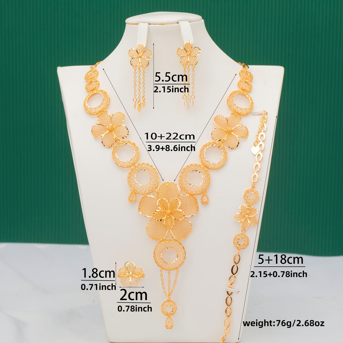 Copper Arabian Fashion Jewelry Set Featuring 5-Piece Flower Design with Synthetic Stones and Plating - Includes Necklace, Bracelet, and Earrings Perfect for Weddings and Parties, Great for Anniversaries