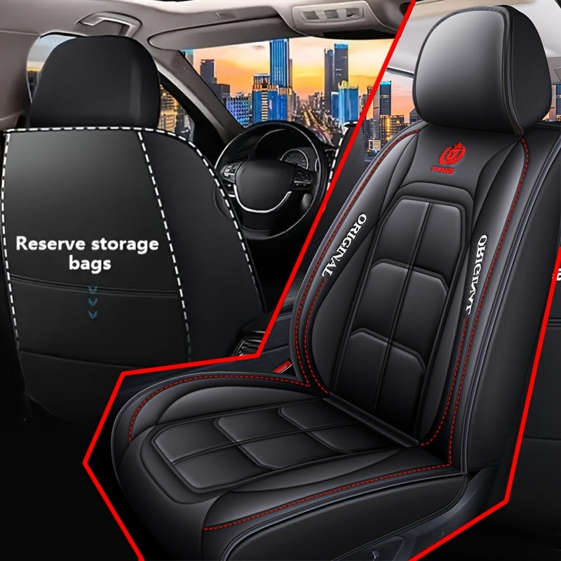 Durable PU leather car seat covers with red stitching and storage bags.