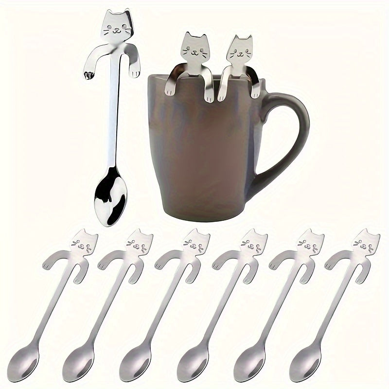 6-piece stainless steel spoon set featuring whimsical cat designs - durable, machine washable, perfect for home, kitchen, parties, weddings, and coffee.