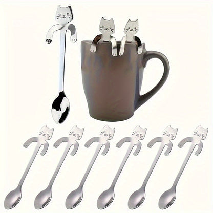 6-piece stainless steel spoon set featuring whimsical cat designs - durable, machine washable, perfect for home, kitchen, parties, weddings, and coffee.