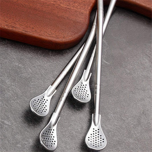 A stainless steel set of three includes a straw spoon, stirring spoon, detachable cleaning straw, juice milk tea filter straw, straw brush, making it the perfect drinking utensils accessories for your kitchen supplies.