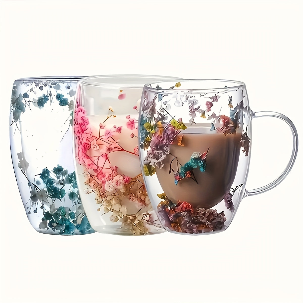 Pair of novelty glass cups with dried flowers, perfect for whiskey and iced coffee. Vintage gypsophila pattern, 11.83 ounces. Reusable.