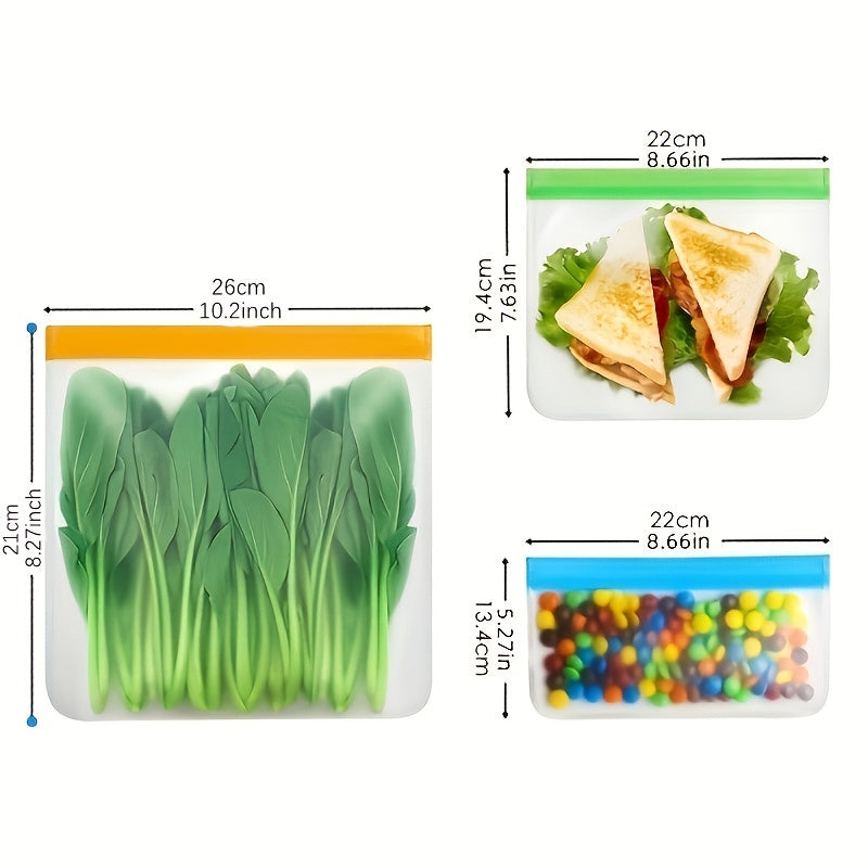 12 pieces of BPA-free reusable gallon-sized food storage bags with a super thick leak-proof design made of silicone and plastic. Perfect for storing meat, grains, sandwiches, snacks, travel essentials, and organizing your family's home kitchen supplies.