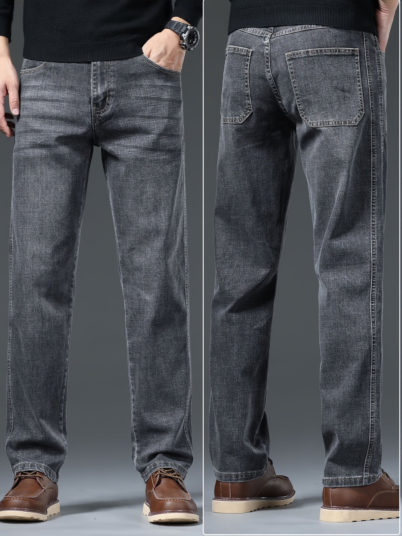 Men's solid denim pants with pockets, casual breathable cotton blend straight leg jeans for outdoor activities.