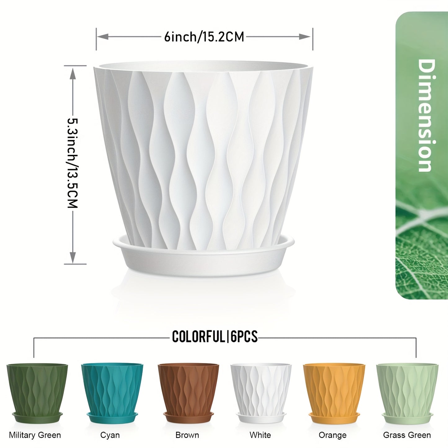 6 plastic planters with drainage holes, 15.24cm in size. Suitable for indoor and outdoor use with a variety of plants. Plants not included.