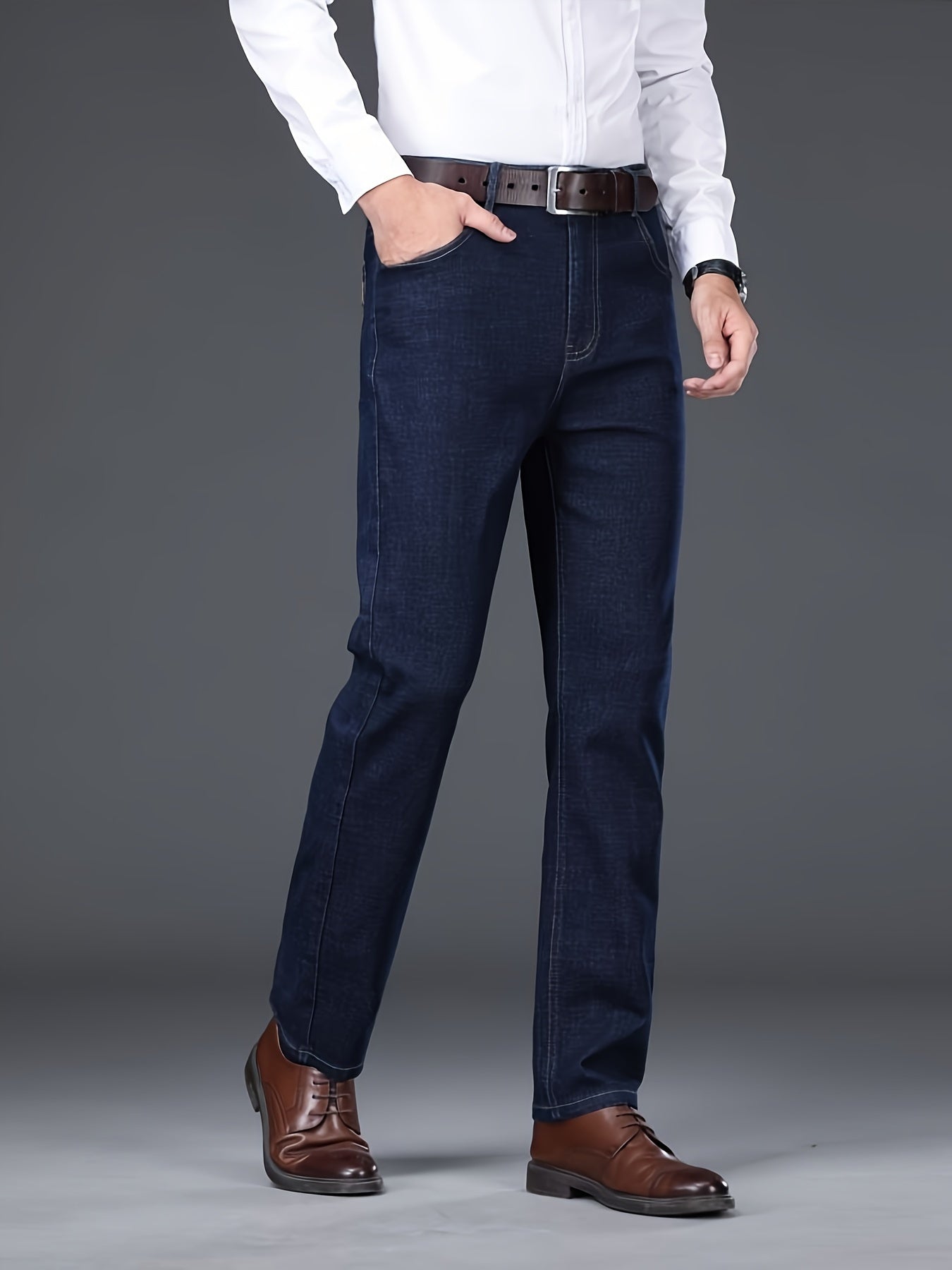 Men's classic business casual jeans in cotton blend, regular fit for all-season wear.