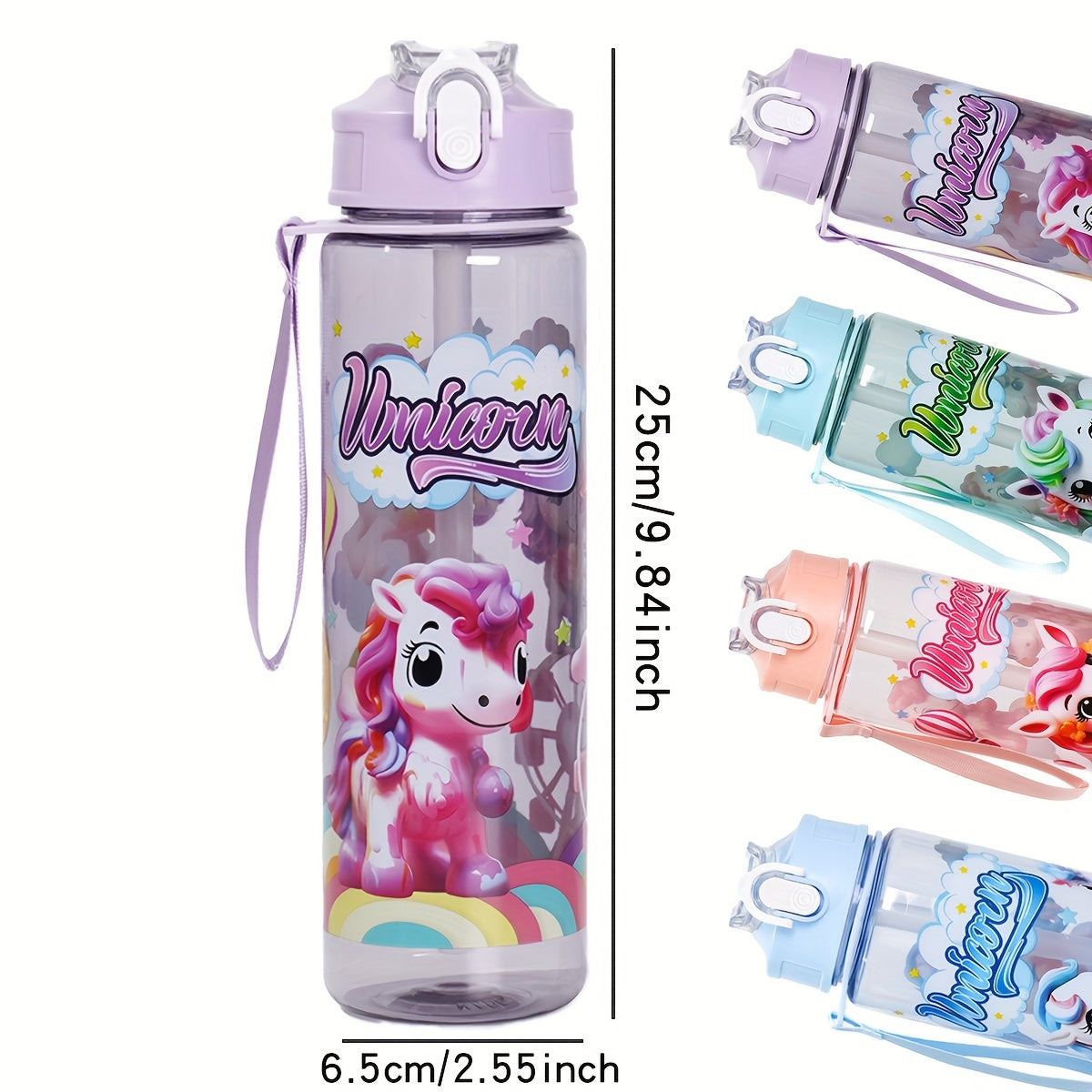 Pony-themed 25oz leakproof water bottle with straw is ideal for camping, travel, and fitness. Durable plastic, PVC-free, perfect for Christmas and Halloween. Hand wash only.