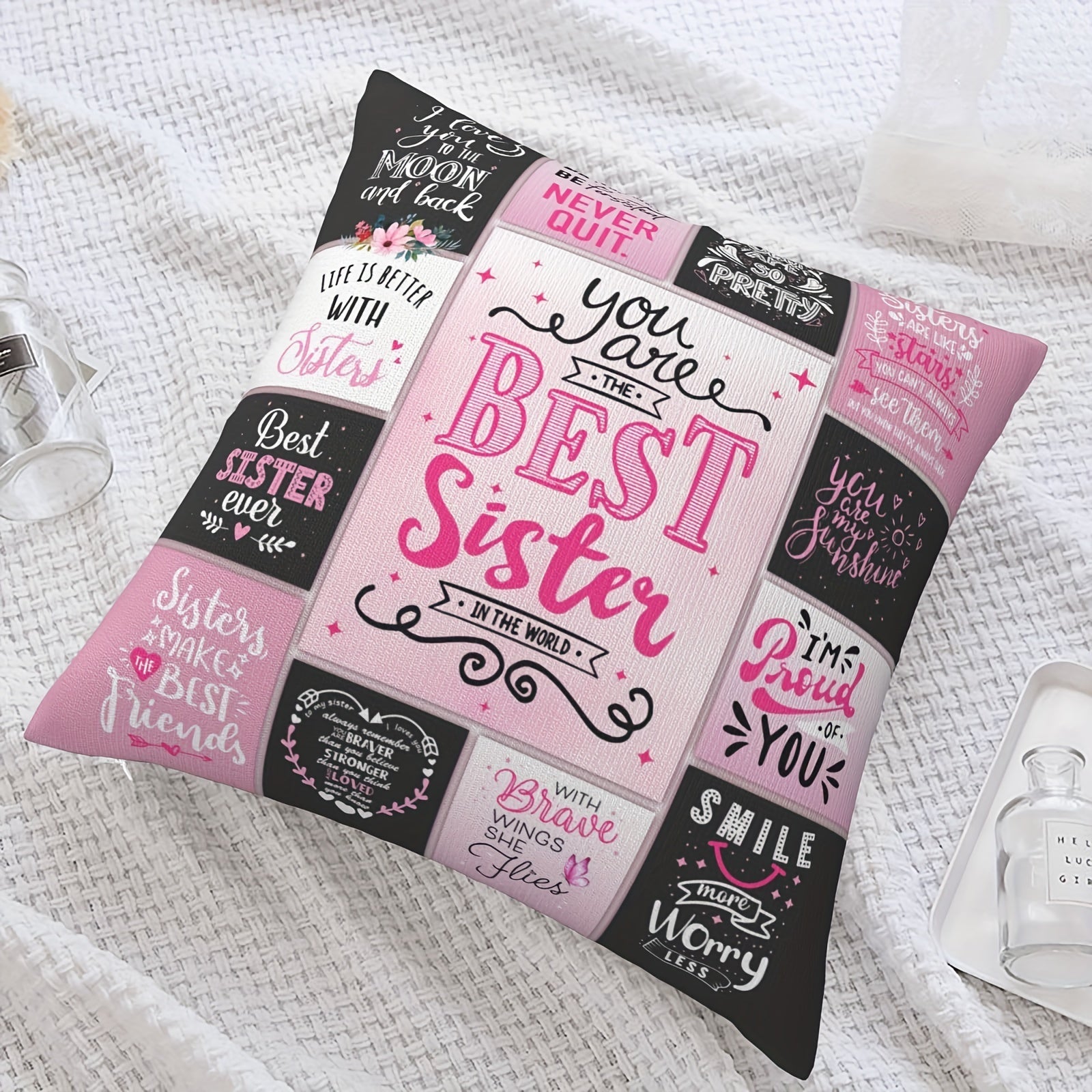 Get this "Best Sister" Pillowcase in Pink/Black/White, 45.72x45.72cm, made of Polyester Fiber. This unique birthday gift for sisters is a decorative cushion cover (pillow not included).