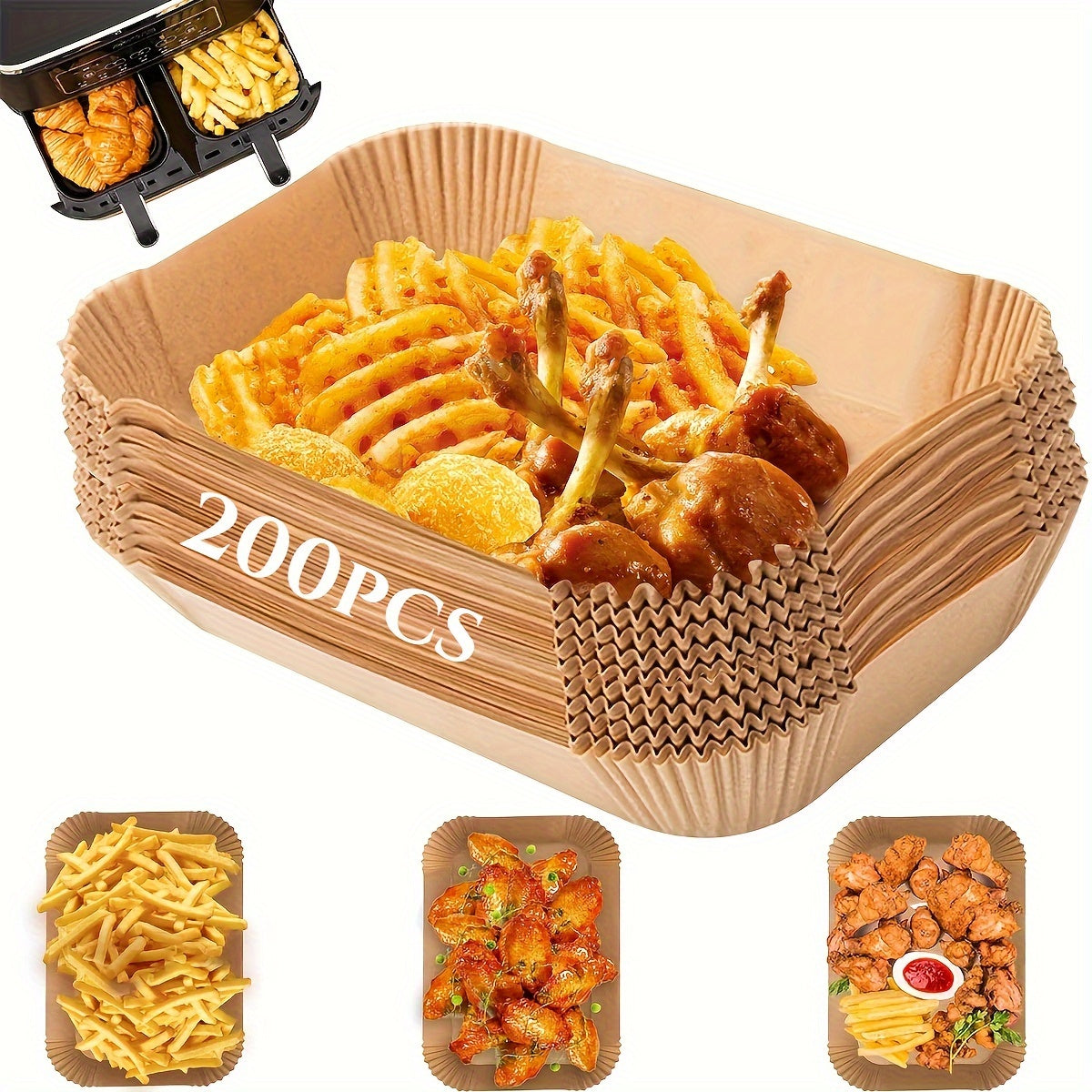 100/200 pieces of high-quality Non-Stick Air Fryer Liners made to withstand high temperatures, resist oil and water, and fit perfectly in dual basket air fryers. These easy-to-clean, food-grade liners are durable and reusable, making them ideal for home