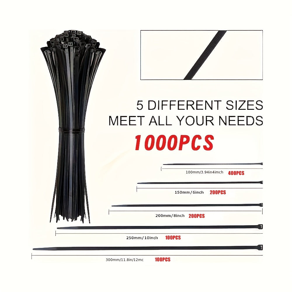 1000 pcs of assorted sizes of black zip ties for cables and wires.