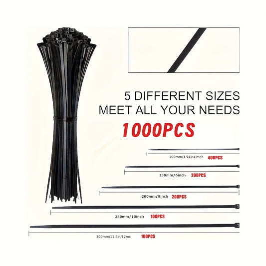 1000 pcs of assorted sizes of black zip ties for cables and wires.