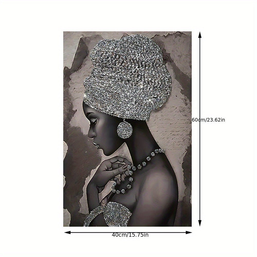 Abstract canvas painting featuring a silvery glitter embroidered African woman, ideal for home or office wall decor. Frame not included.