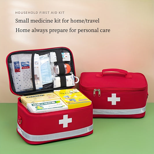 Portable first aid kit with large capacity, foldable storage for home, travel, and car emergencies.