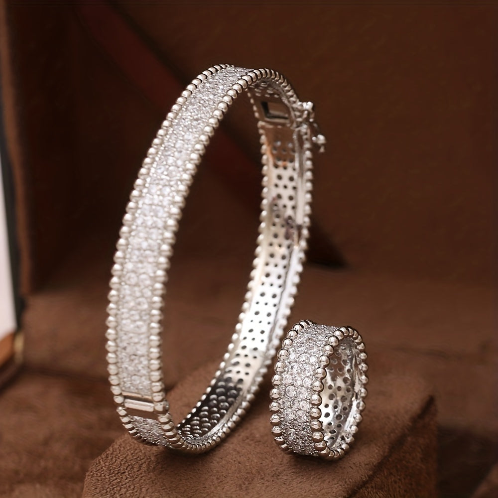 Elegant jewelry set including 1 ring and 1 bangle with inlaid shining zirconia, available in silvery or golden 14k gold plated options. Perfect for matching with daily outfits, make your call now!