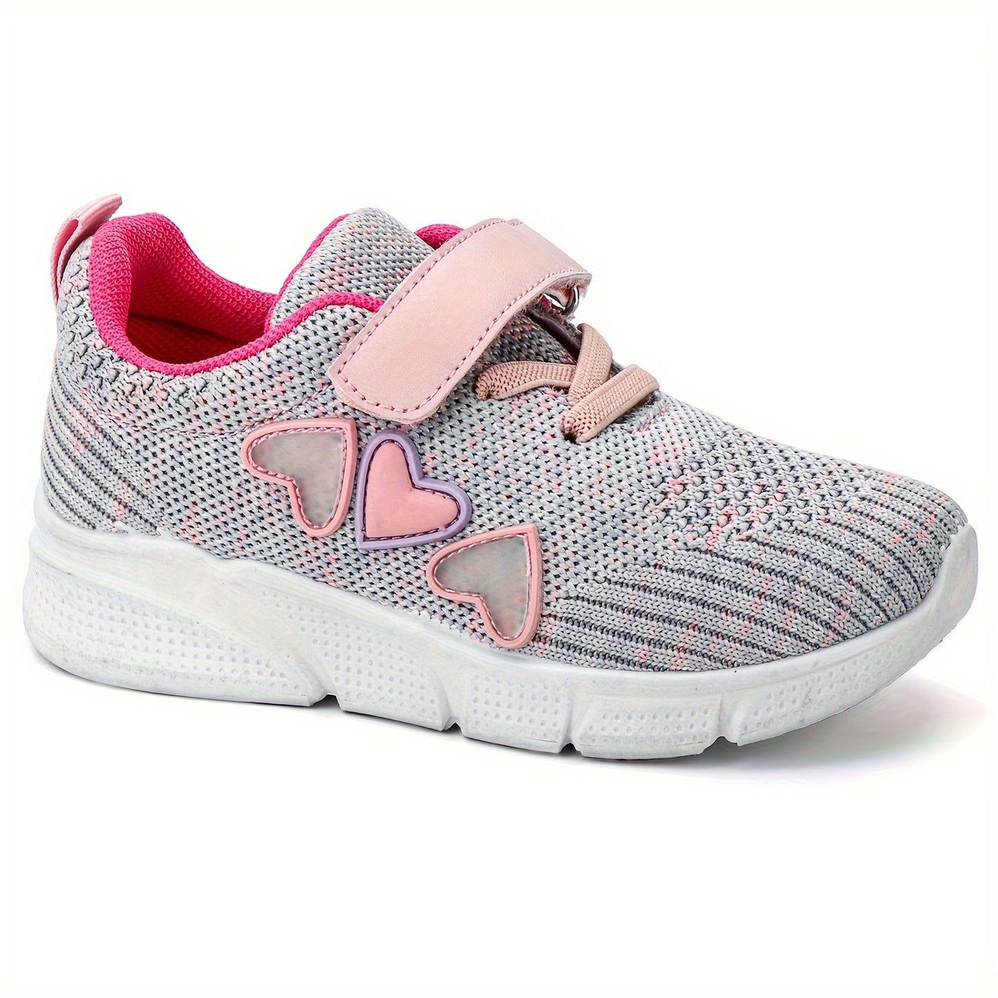 Kids' pink heart design athletic sneakers with breathable knit upper, secure hook-and-loop closure, non-slip rubber sole, perfect for running and walking all year round.