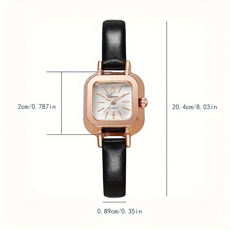 Sleek design mini square quartz watch with faux leather strap for women.